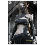 A vertical poster or print featuring a fantasy female elf character with long brown hair, pointed ears, a black face mask, and a dark armored outfit, shown against a dark stone archway background. The print has a glossy finish with visible light reflections near the corners.