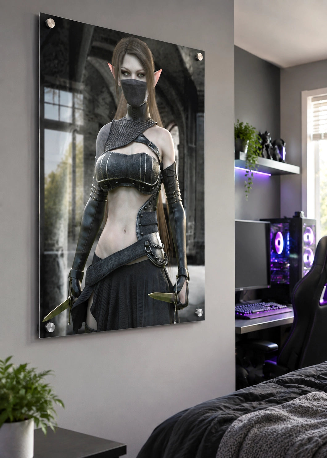 A large vertical wall art print showing a fantasy female elf character in dark armor, displayed on a bedroom wall above a bed and next to a desk setup.