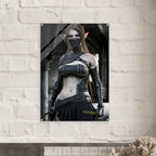 A vertical wall art print featuring a fantasy elf woman in dark armor, displayed on a white brick wall above a mantel with dried flowers.