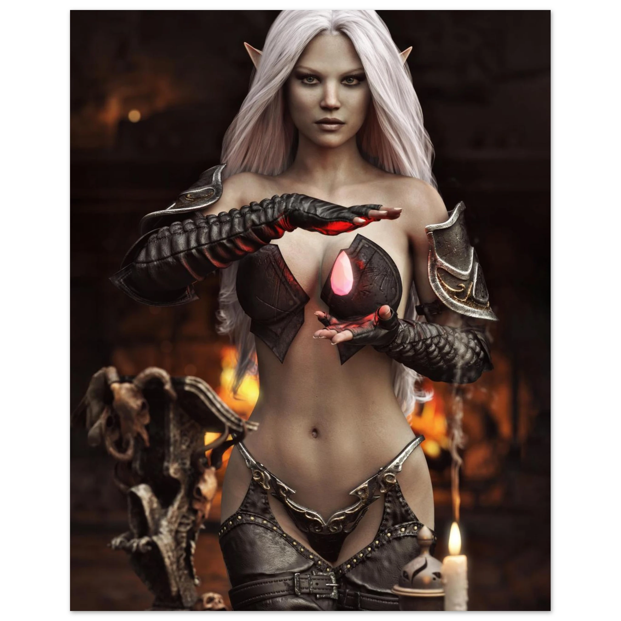 Handcrafted Dark Elf Sorceress wall art featuring a white-haired elven mage conjuring a glowing crimson crystal inside a mystical ritual chamber. Fantasy artwork perfect for gaming rooms, RPG fans, and dark fantasy décor.