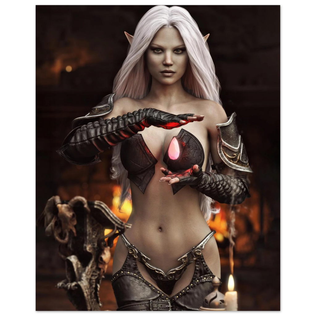 Handcrafted Dark Elf Sorceress wall art featuring a white-haired elven mage conjuring a glowing crimson crystal inside a mystical ritual chamber. Fantasy artwork perfect for gaming rooms, RPG fans, and dark fantasy décor.