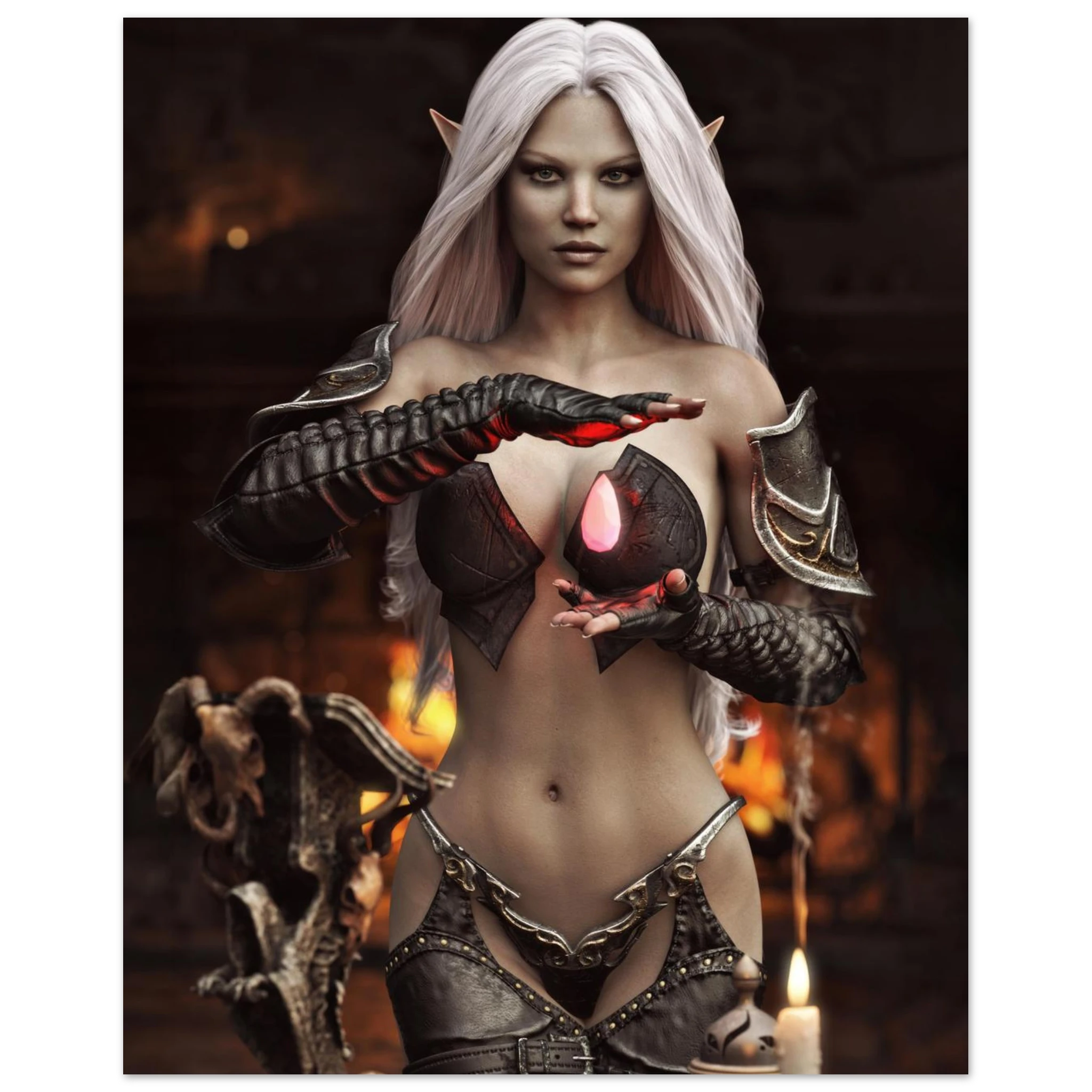 Handcrafted Dark Elf Sorceress wall art featuring a white-haired elven mage conjuring a glowing crimson crystal inside a mystical ritual chamber. Fantasy artwork perfect for gaming rooms, RPG fans, and dark fantasy décor.