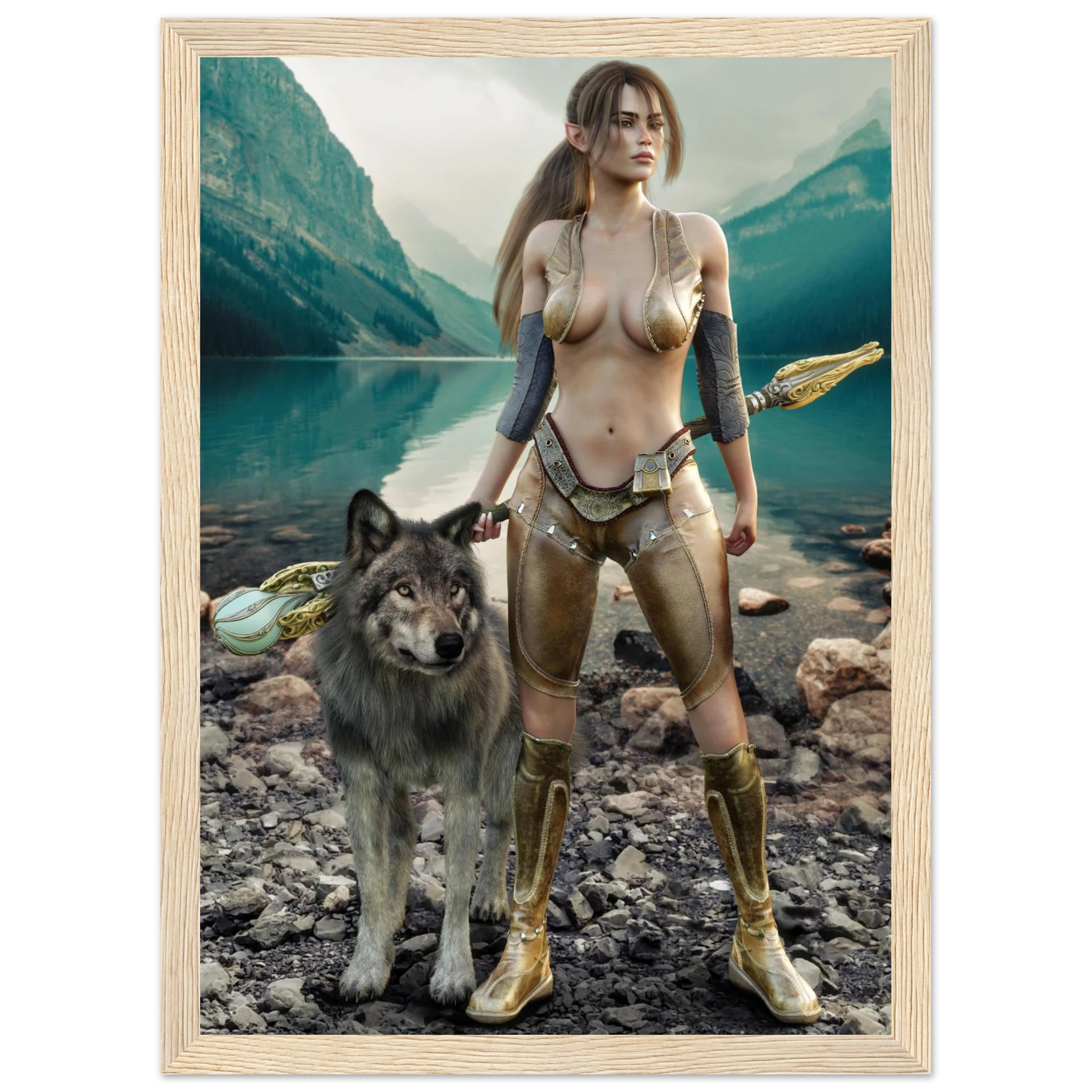 A framed art print depicting a fantasy scene of a woman in metallic bronze armor standing on a rocky lakeshore with a wolf, set against mountains and water, enclosed in a light wood frame.