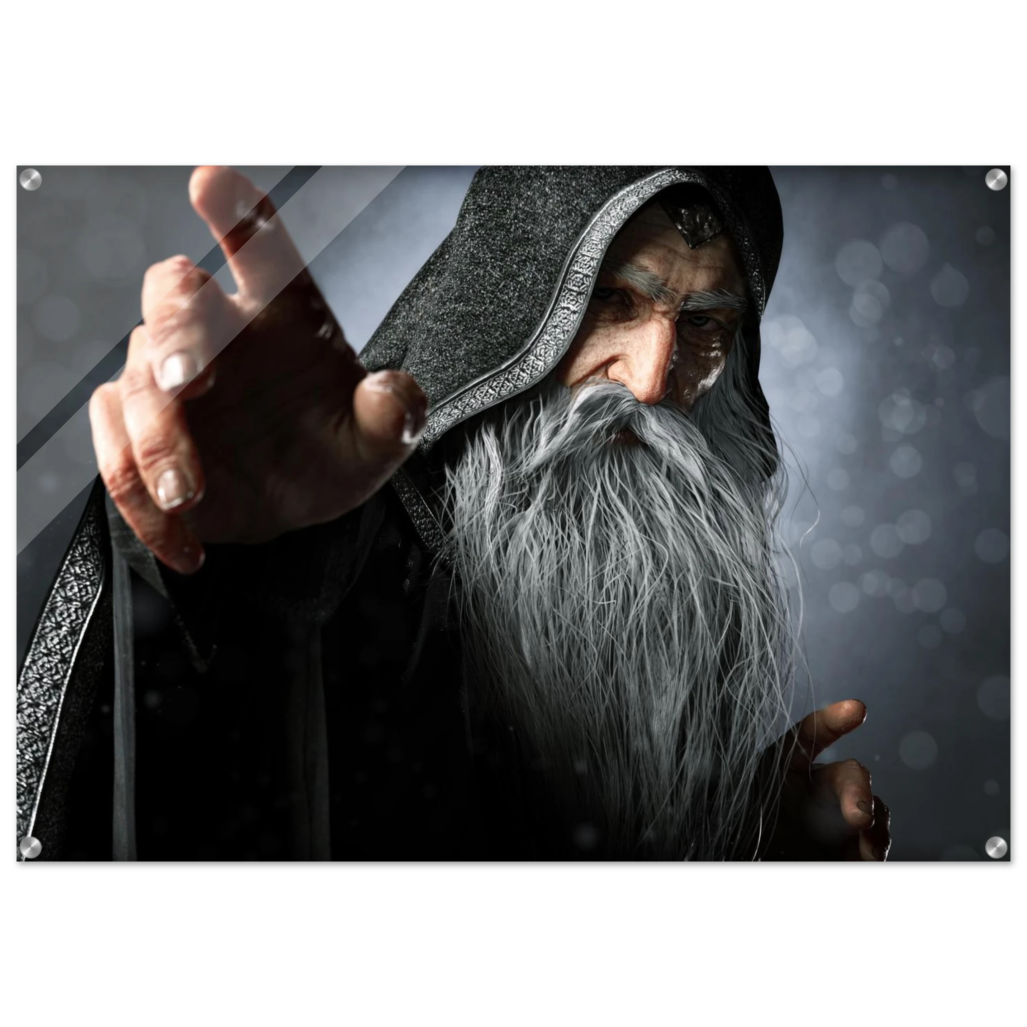Handcrafted fantasy artwork featuring an elderly hooded wizard with a flowing silver beard reaching forward while casting powerful arcane magic. Premium fantasy wall art for RPG enthusiasts, wizard collectors, gaming rooms, libraries, and medieval décor.
