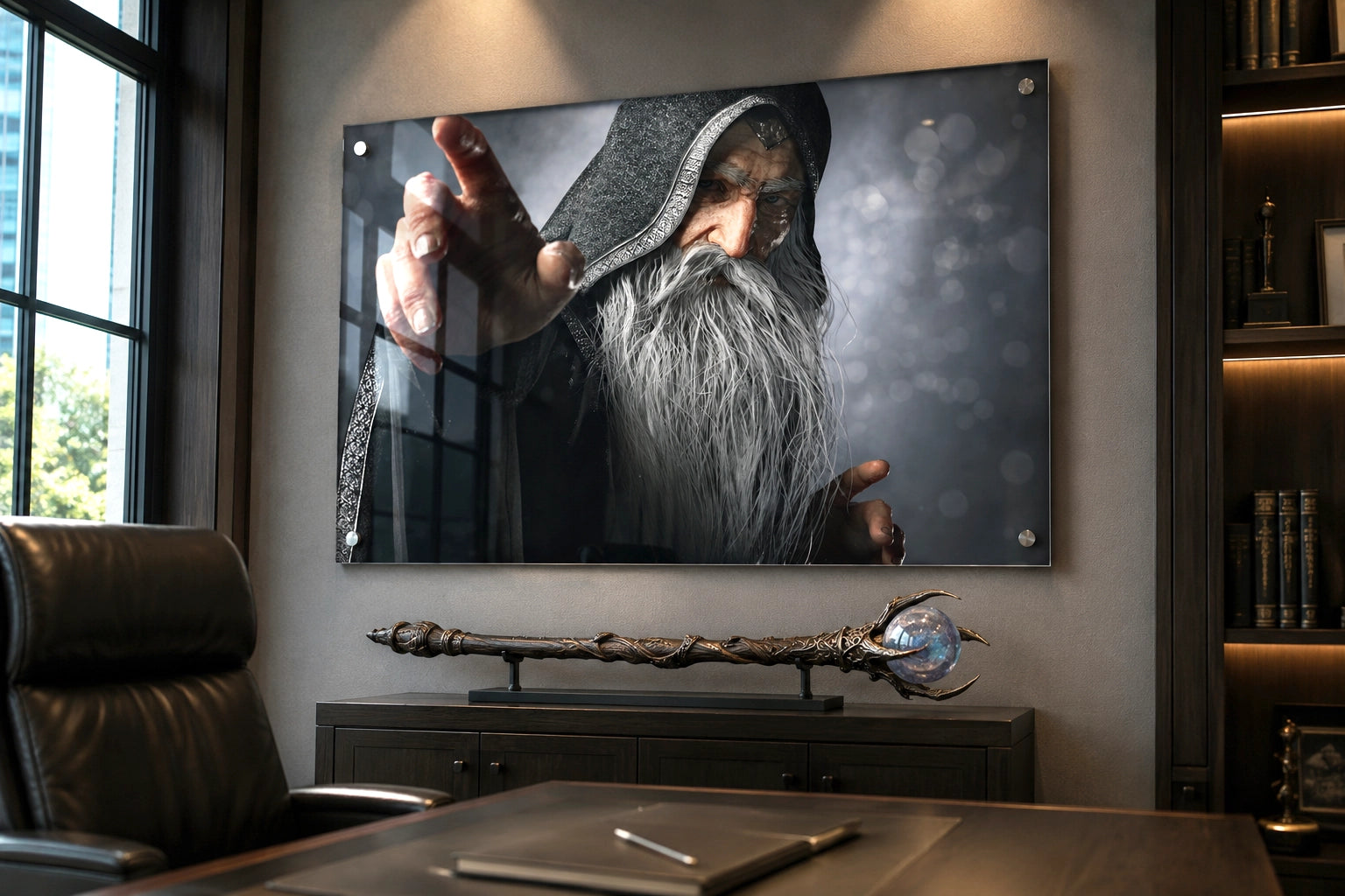 Handcrafted fantasy artwork featuring an elderly hooded wizard with a flowing silver beard reaching forward while casting powerful arcane magic. Premium fantasy wall art for RPG enthusiasts, wizard collectors, gaming rooms, libraries, and medieval décor.