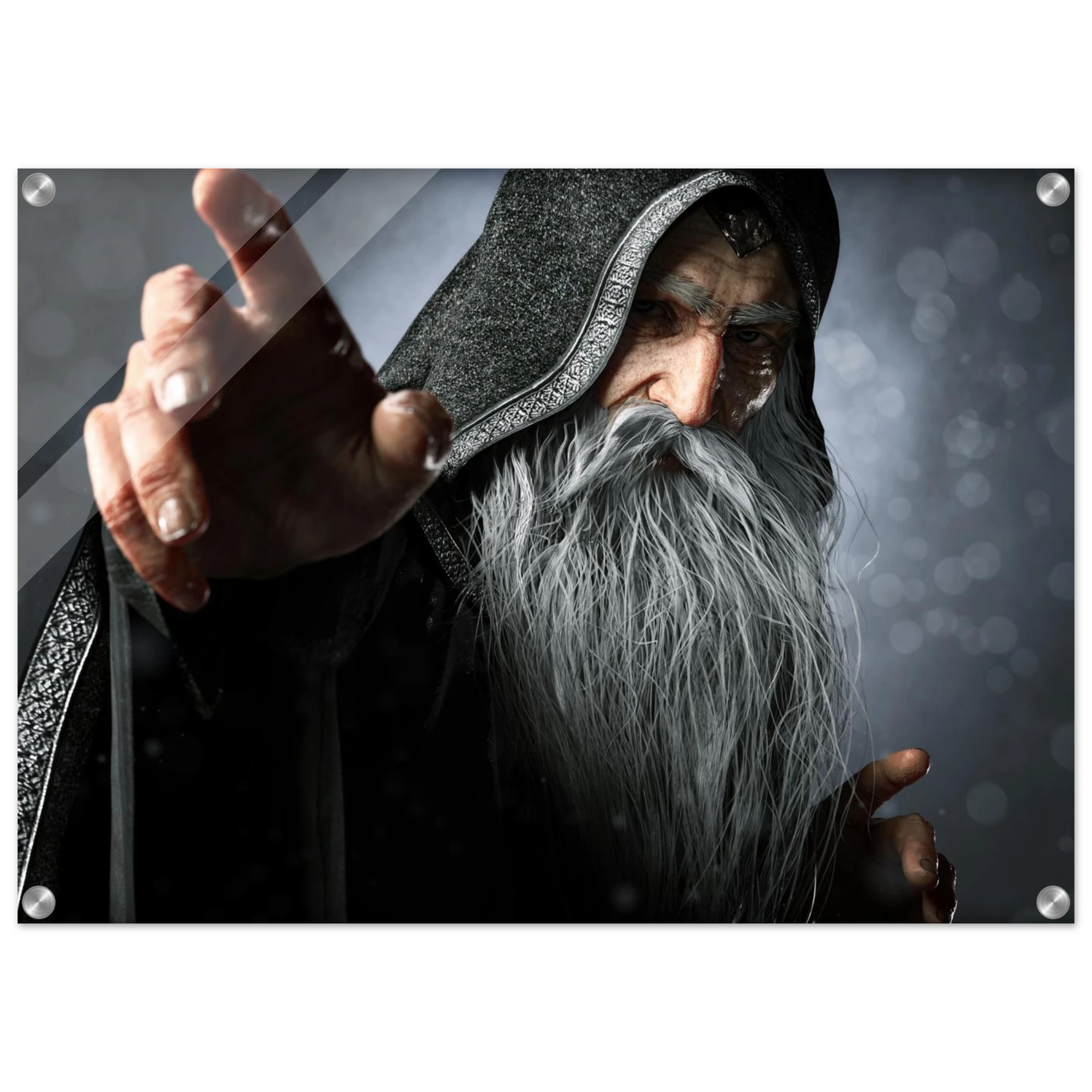 Handcrafted fantasy artwork featuring an elderly hooded wizard with a flowing silver beard reaching forward while casting powerful arcane magic. Premium fantasy wall art for RPG enthusiasts, wizard collectors, gaming rooms, libraries, and medieval décor.