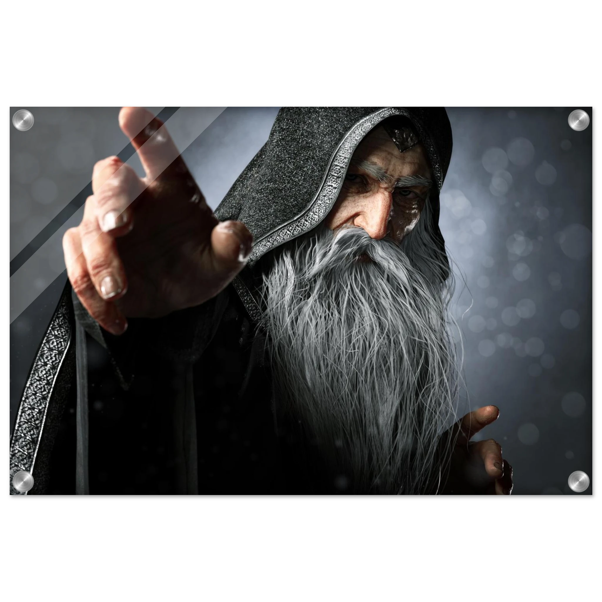 Handcrafted fantasy artwork featuring an elderly hooded wizard with a flowing silver beard reaching forward while casting powerful arcane magic. Premium fantasy wall art for RPG enthusiasts, wizard collectors, gaming rooms, libraries, and medieval décor.