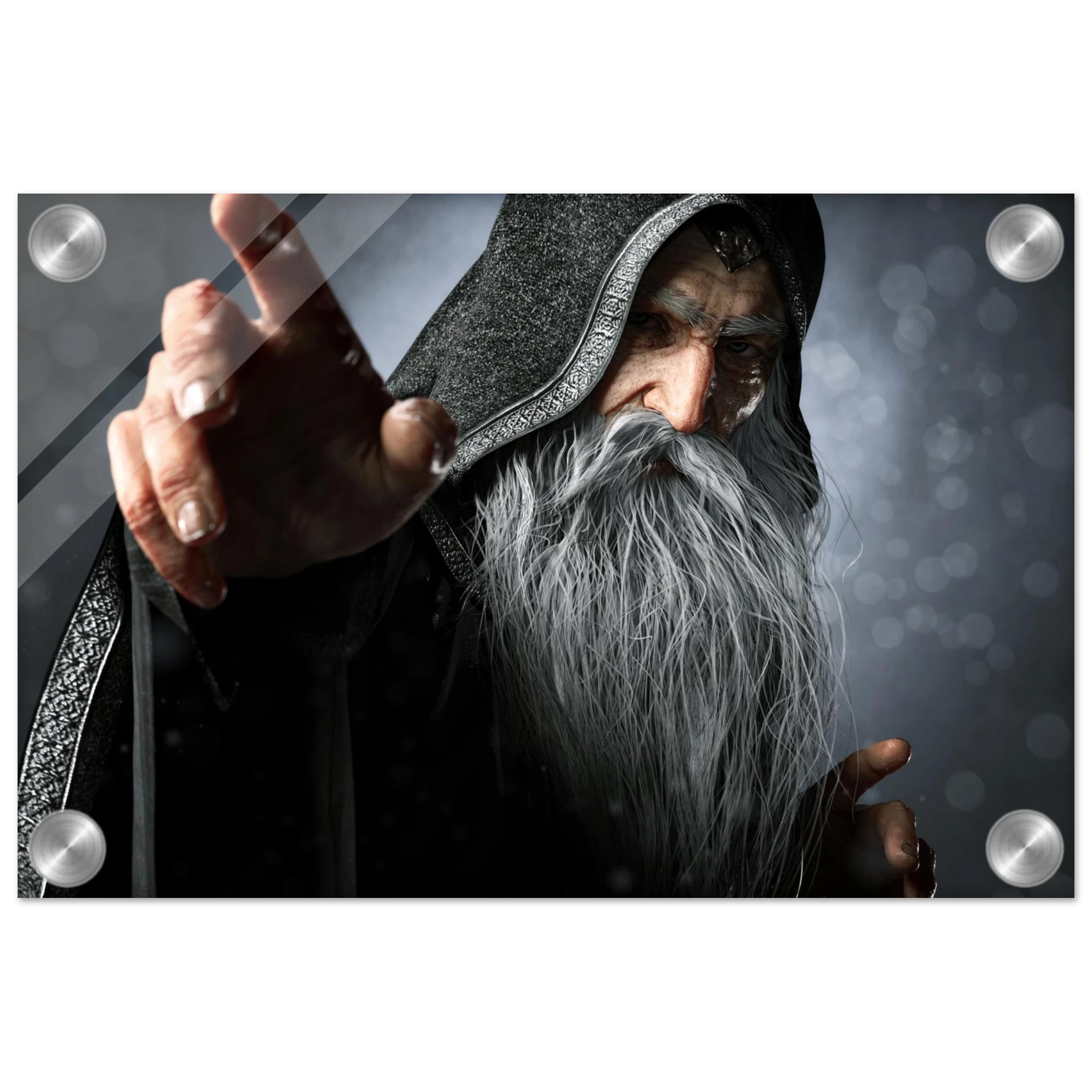 Handcrafted fantasy artwork featuring an elderly hooded wizard with a flowing silver beard reaching forward while casting powerful arcane magic. Premium fantasy wall art for RPG enthusiasts, wizard collectors, gaming rooms, libraries, and medieval décor.