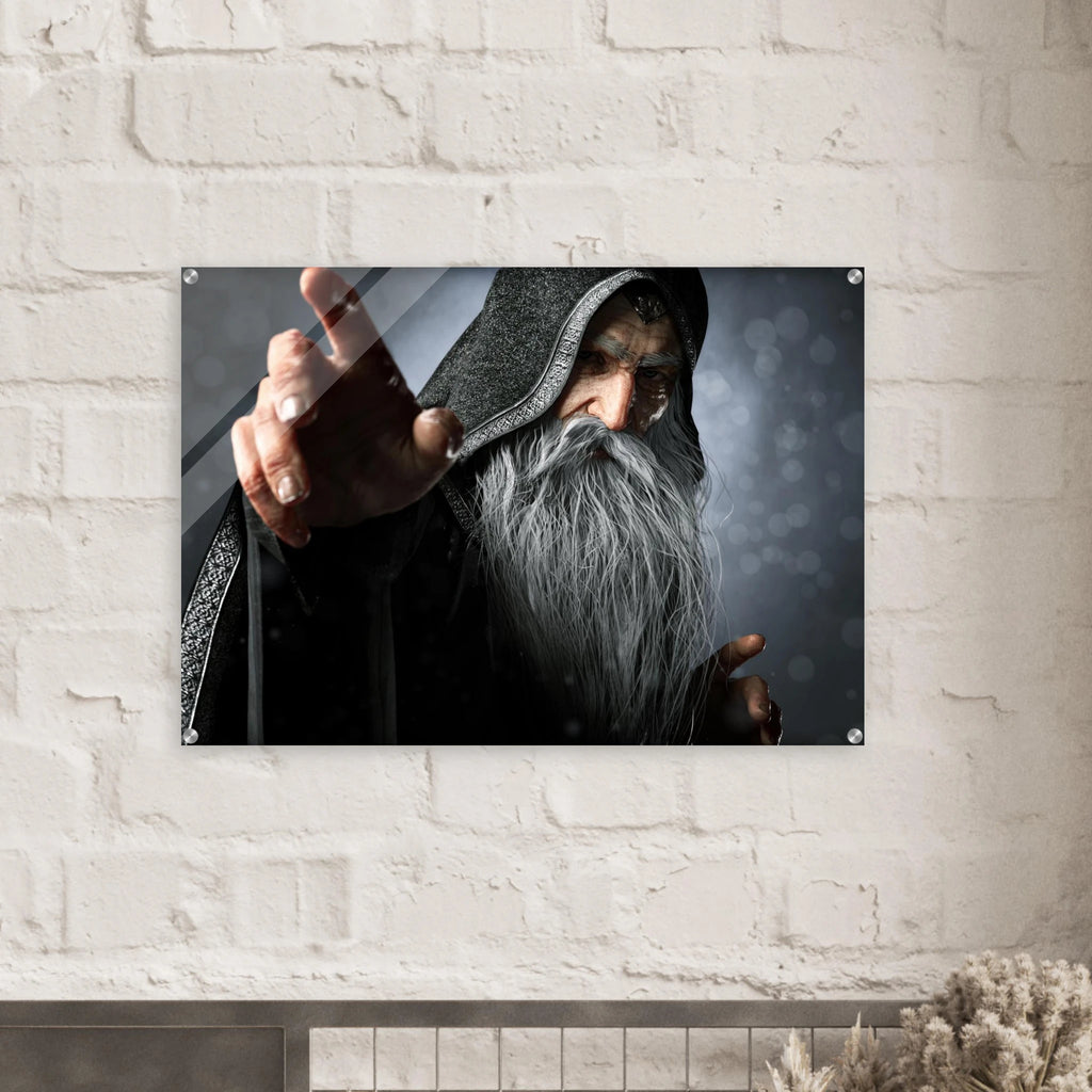 Handcrafted fantasy artwork featuring an elderly hooded wizard with a flowing silver beard reaching forward while casting powerful arcane magic. Premium fantasy wall art for RPG enthusiasts, wizard collectors, gaming rooms, libraries, and medieval décor.