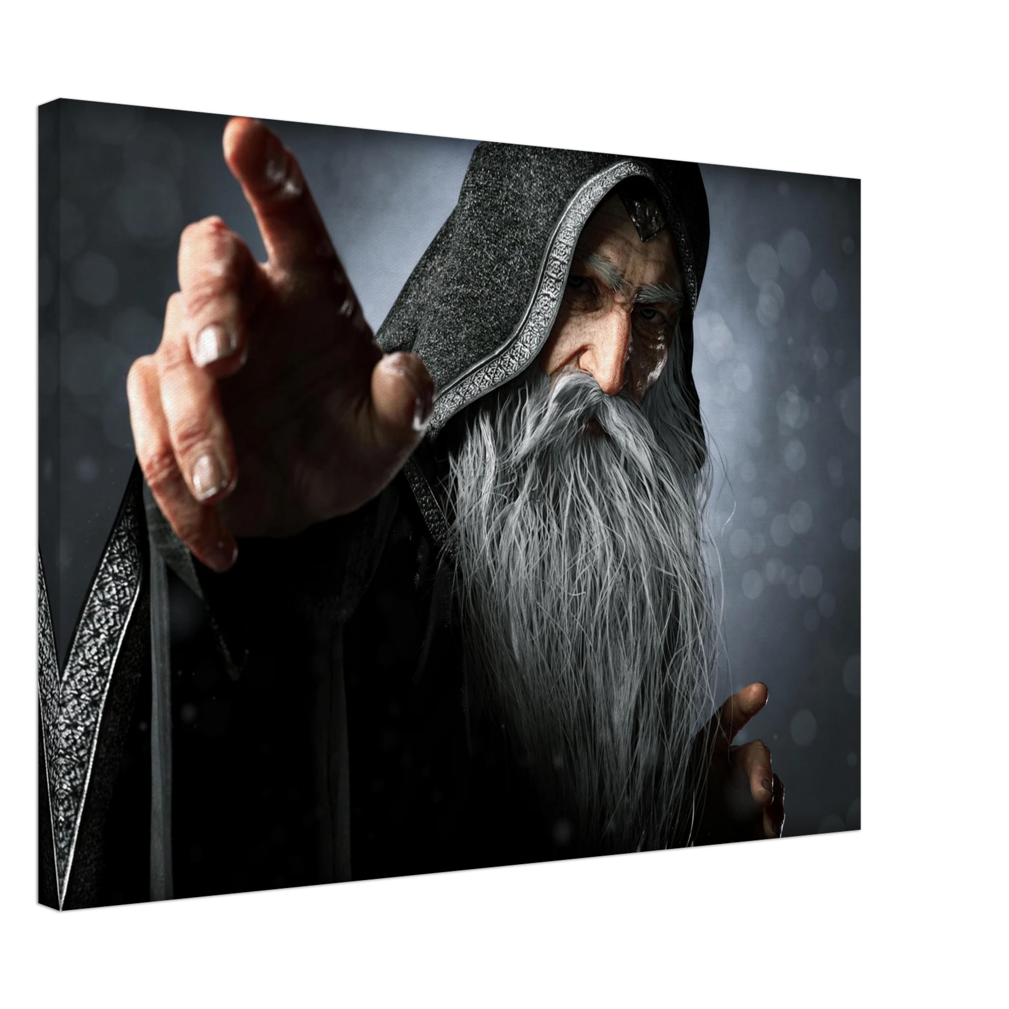 Handcrafted fantasy artwork featuring an elderly hooded wizard with a flowing silver beard reaching forward while casting powerful arcane magic. Premium fantasy wall art for RPG enthusiasts, wizard collectors, gaming rooms, libraries, and medieval décor.