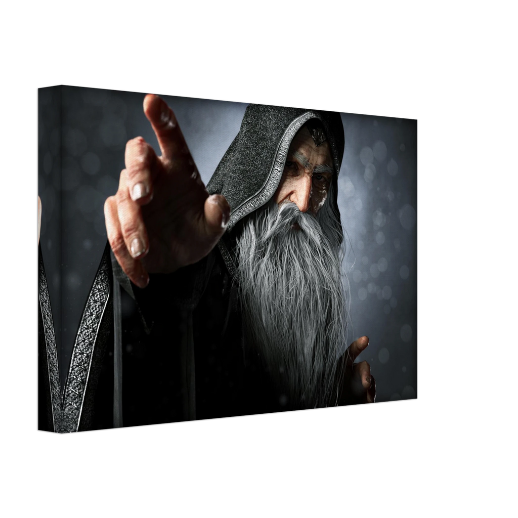 Handcrafted fantasy artwork featuring an elderly hooded wizard with a flowing silver beard reaching forward while casting powerful arcane magic. Premium fantasy wall art for RPG enthusiasts, wizard collectors, gaming rooms, libraries, and medieval décor.
