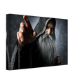 Handcrafted fantasy artwork featuring an elderly hooded wizard with a flowing silver beard reaching forward while casting powerful arcane magic. Premium fantasy wall art for RPG enthusiasts, wizard collectors, gaming rooms, libraries, and medieval décor.