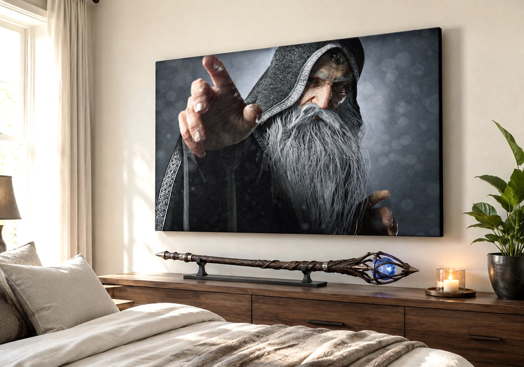 Handcrafted fantasy artwork featuring an elderly hooded wizard with a flowing silver beard reaching forward while casting powerful arcane magic. Premium fantasy wall art for RPG enthusiasts, wizard collectors, gaming rooms, libraries, and medieval décor.