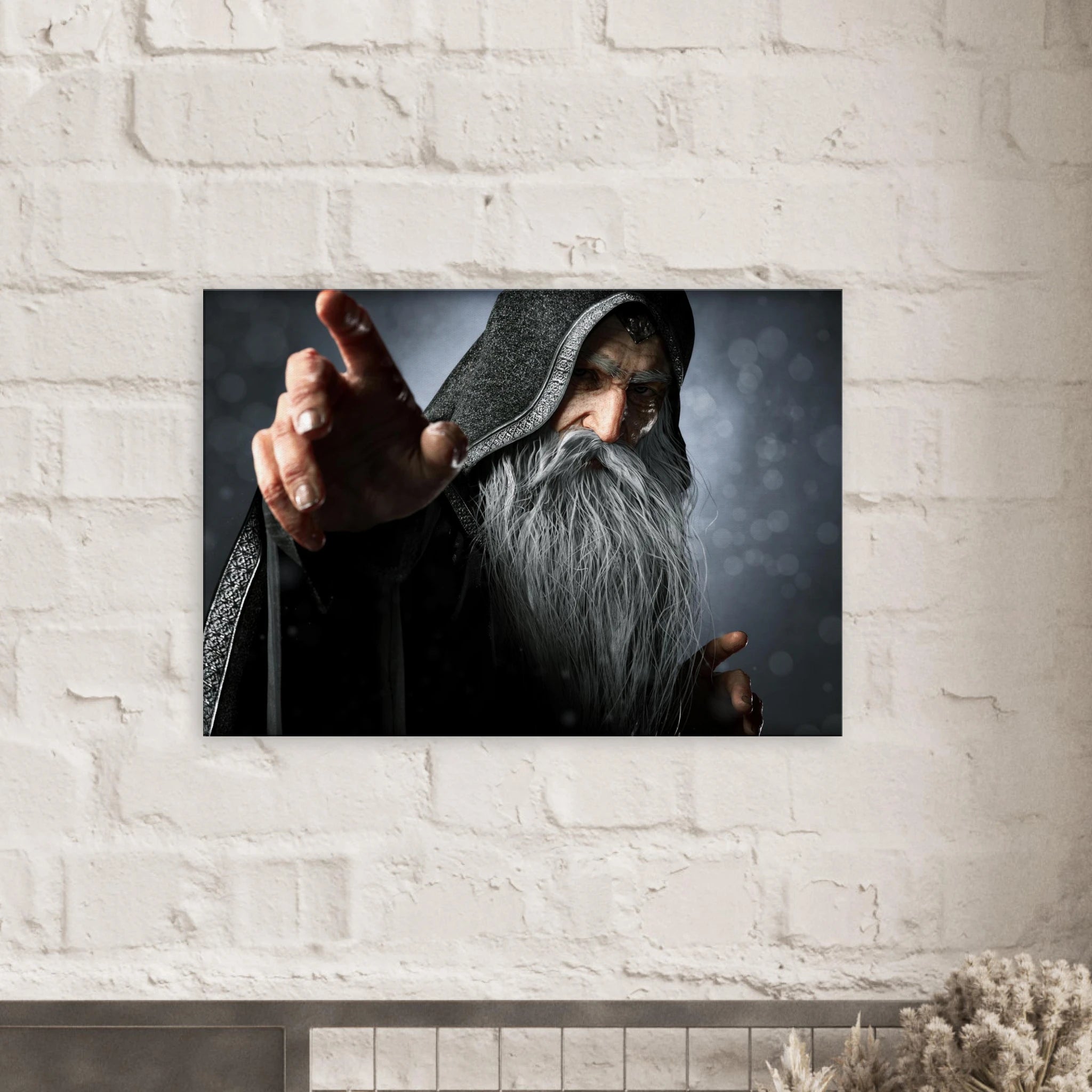 Handcrafted fantasy artwork featuring an elderly hooded wizard with a flowing silver beard reaching forward while casting powerful arcane magic. Premium fantasy wall art for RPG enthusiasts, wizard collectors, gaming rooms, libraries, and medieval décor.