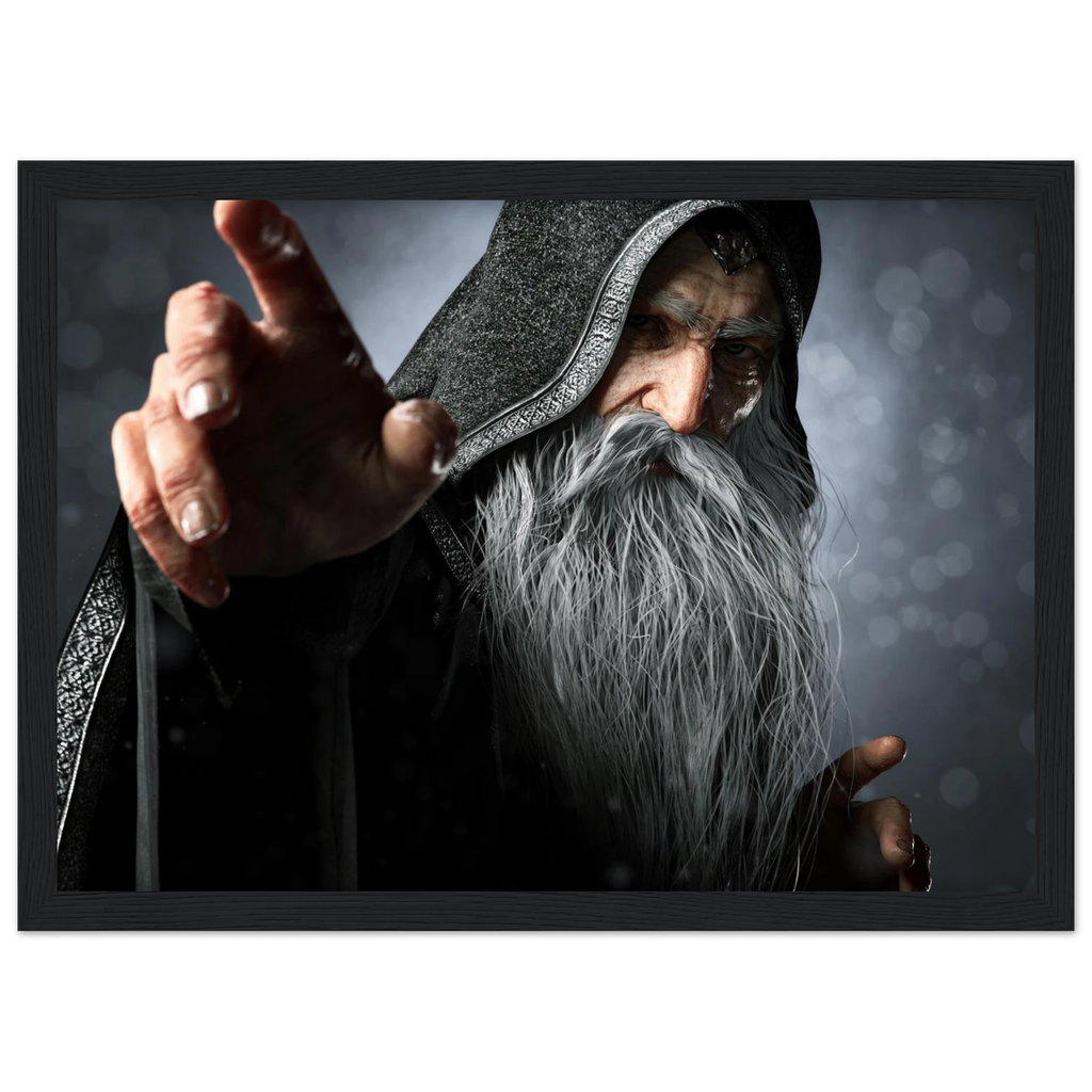 A framed art print depicting an elderly wizard with a long white beard and hood, pointing forward against a dark, atmospheric background.