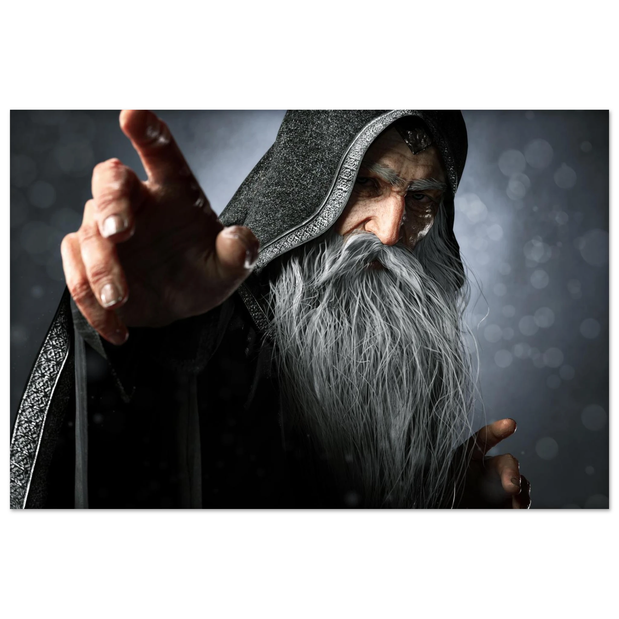 A rectangular wall art print featuring a dramatic close-up portrait of an elderly wizard or sorcerer with a long white beard, dark hooded robe, and one hand extended forward, shown against a dark smoky background.