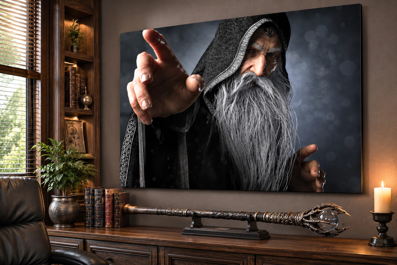 A large wall art print or canvas showing a hooded wizard with a long gray beard pointing forward, displayed in a styled room above a wooden console table with a decorative staff and a lit candle.