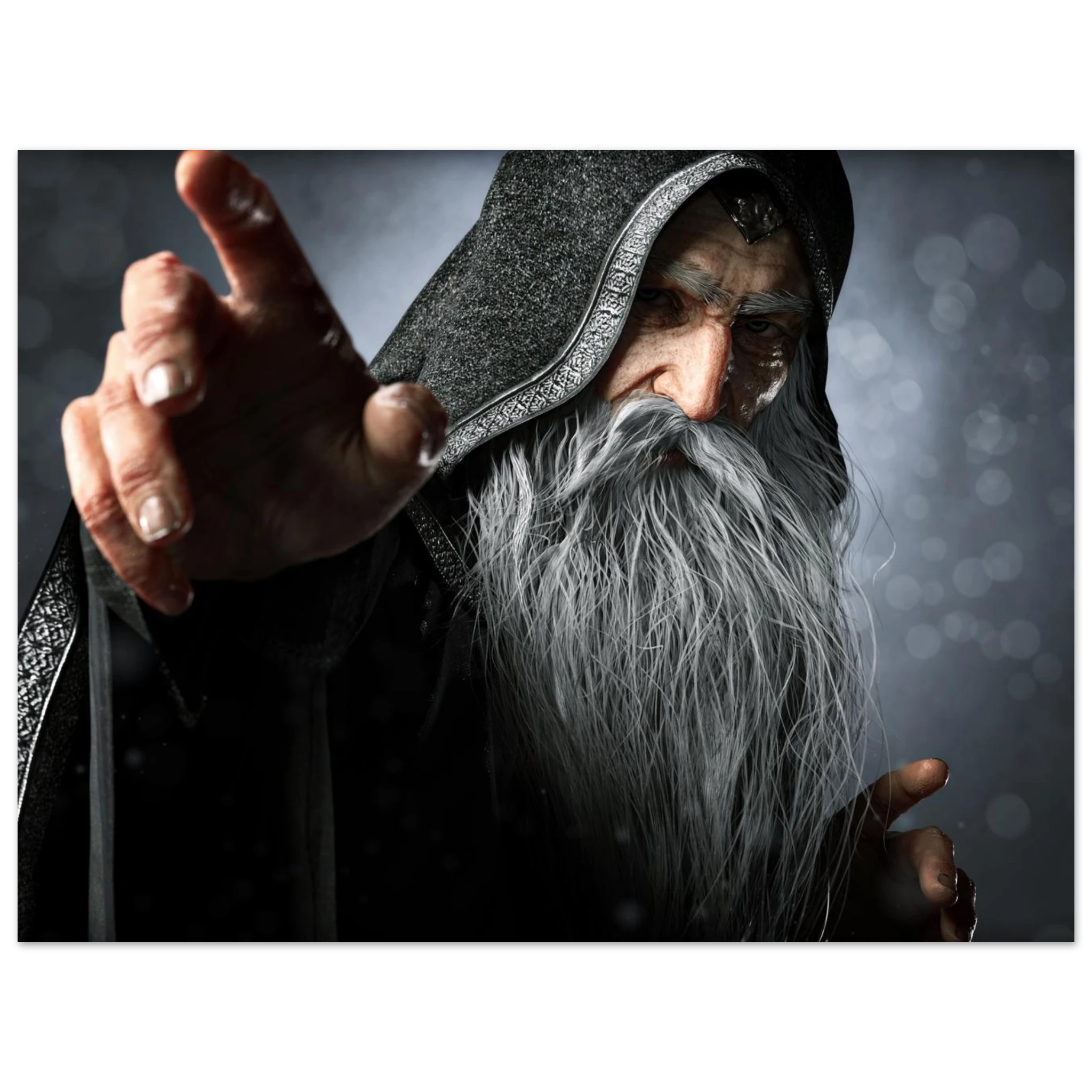 A rectangular wall art print showing a dramatic close-up portrait of a hooded wizard with a long white beard, dark robe, and one hand extended forward, set against a dark gray background with soft bokeh light effects.