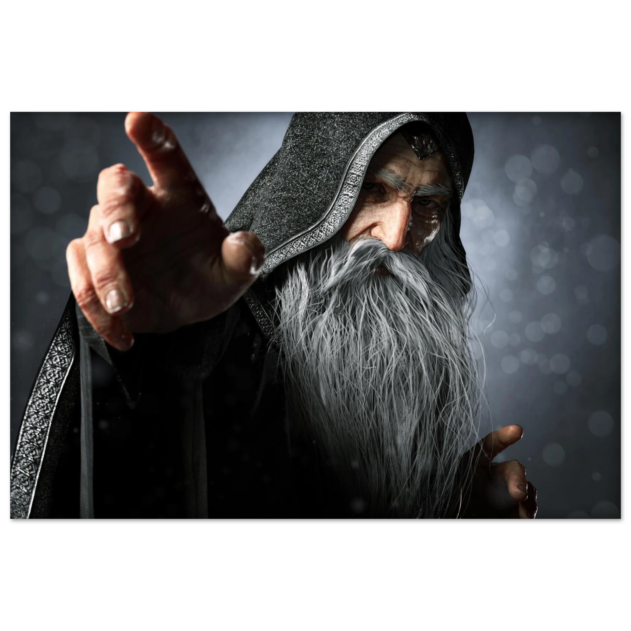 A rectangular wall art print showing a close-up portrait of an elderly wizard or robed figure with a long white beard, dark hood, and outstretched hand against a smoky gray background.