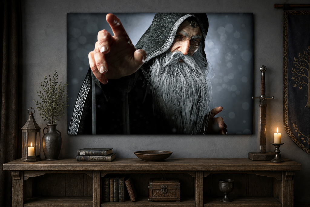 Handcrafted fantasy artwork featuring an elderly hooded wizard with a flowing silver beard reaching forward while casting powerful arcane magic. Premium fantasy wall art for RPG enthusiasts, wizard collectors, gaming rooms, libraries, and medieval décor.