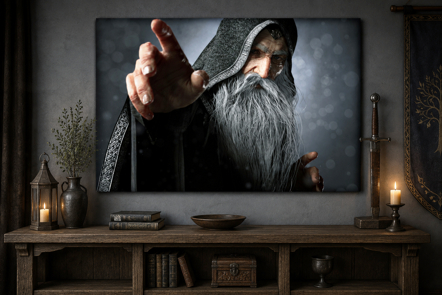 Handcrafted fantasy artwork featuring an elderly hooded wizard with a flowing silver beard reaching forward while casting powerful arcane magic. Premium fantasy wall art for RPG enthusiasts, wizard collectors, gaming rooms, libraries, and medieval décor.