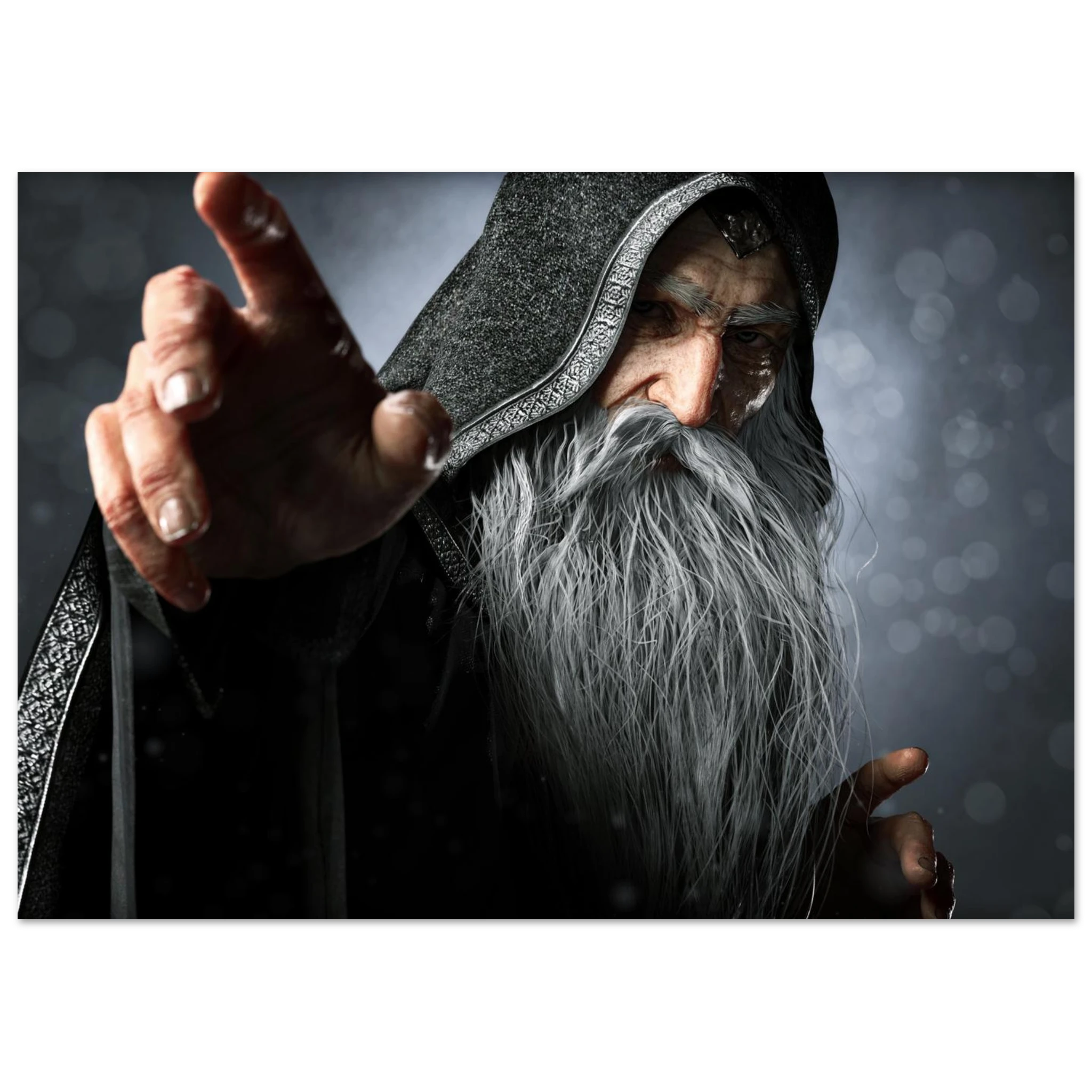 A rectangular wall art print showing a close-up portrait of an elderly wizard or sorcerer with a long white beard, dark hooded robe, and one hand extended forward, set against a dark smoky background.