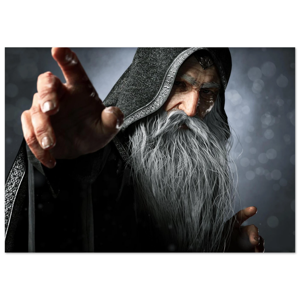 A rectangular wall art print showing a close-up portrait of an elderly wizard or sorcerer with a long white beard, dark hooded robe, and one hand raised forward, set against a smoky gray background.