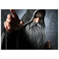 A rectangular wall art print showing a close-up portrait of an elderly wizard or sorcerer with a long white beard, dark hooded robe, and one hand raised forward, set against a smoky gray background.