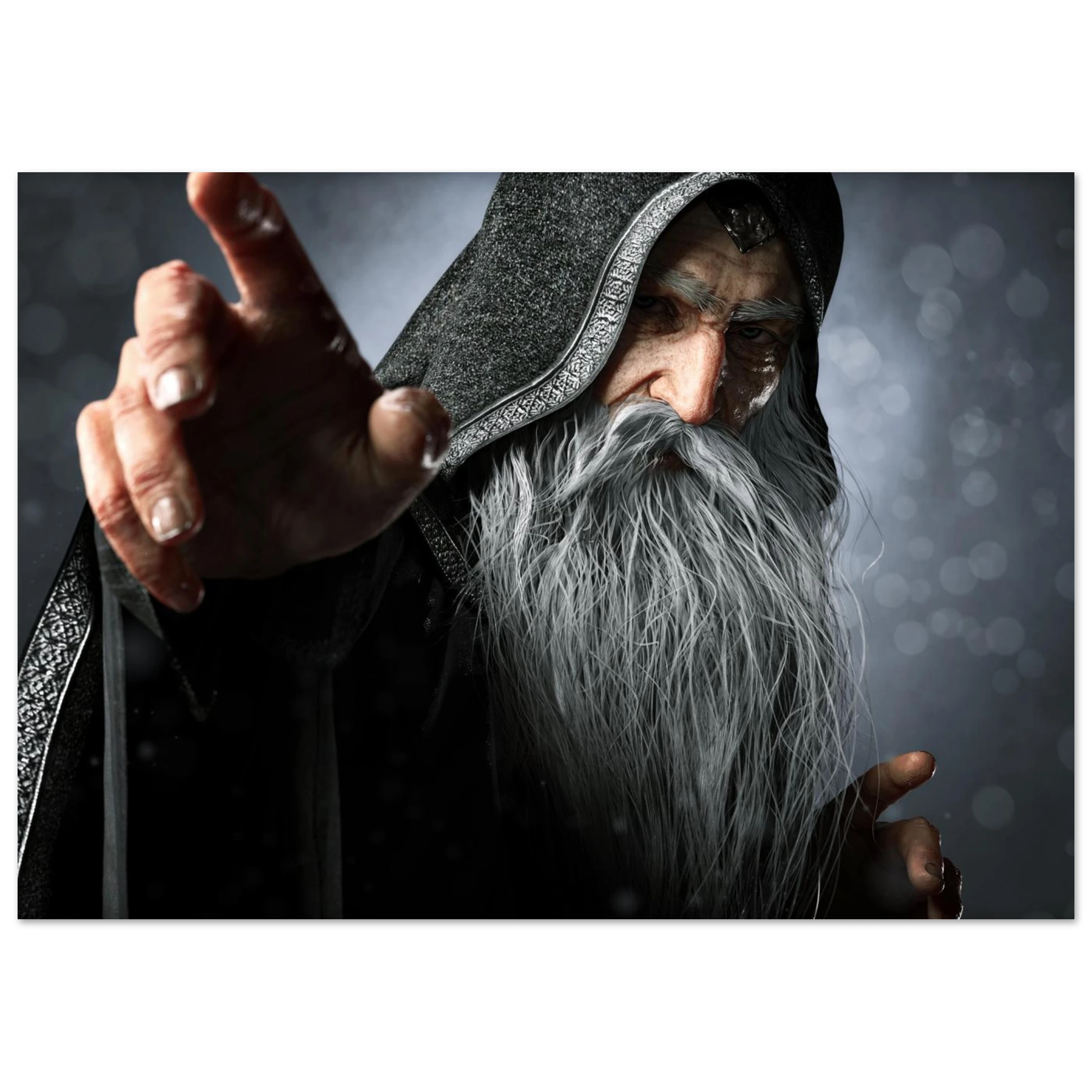 A rectangular wall art print showing a close-up portrait of an elderly wizard or sorcerer with a long white beard, dark hooded robe, and one hand raised forward, set against a smoky gray background.