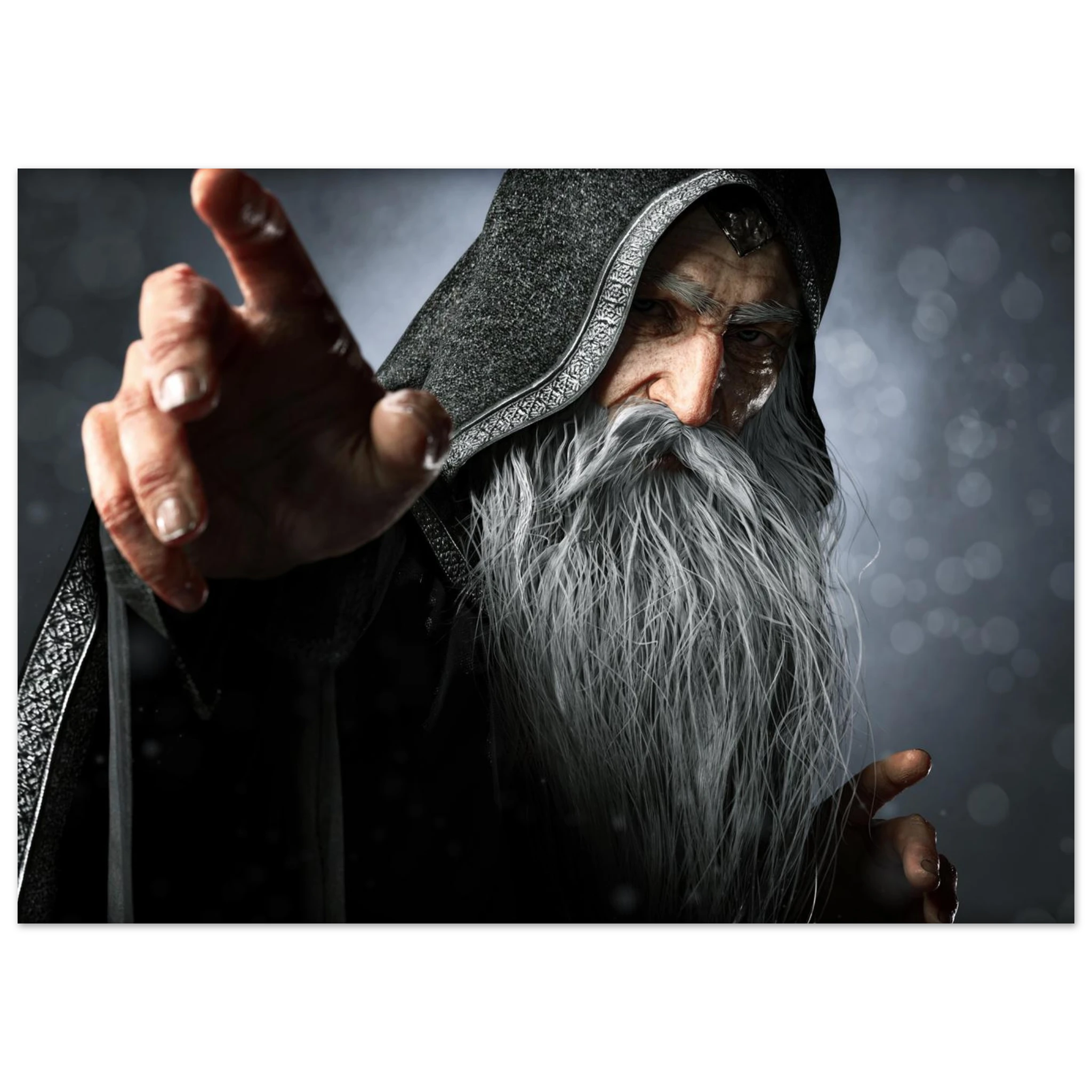 A rectangular wall art print showing a close-up portrait of a hooded wizard or sorcerer with a long white beard, dark robe, and outstretched hand against a smoky gray background.