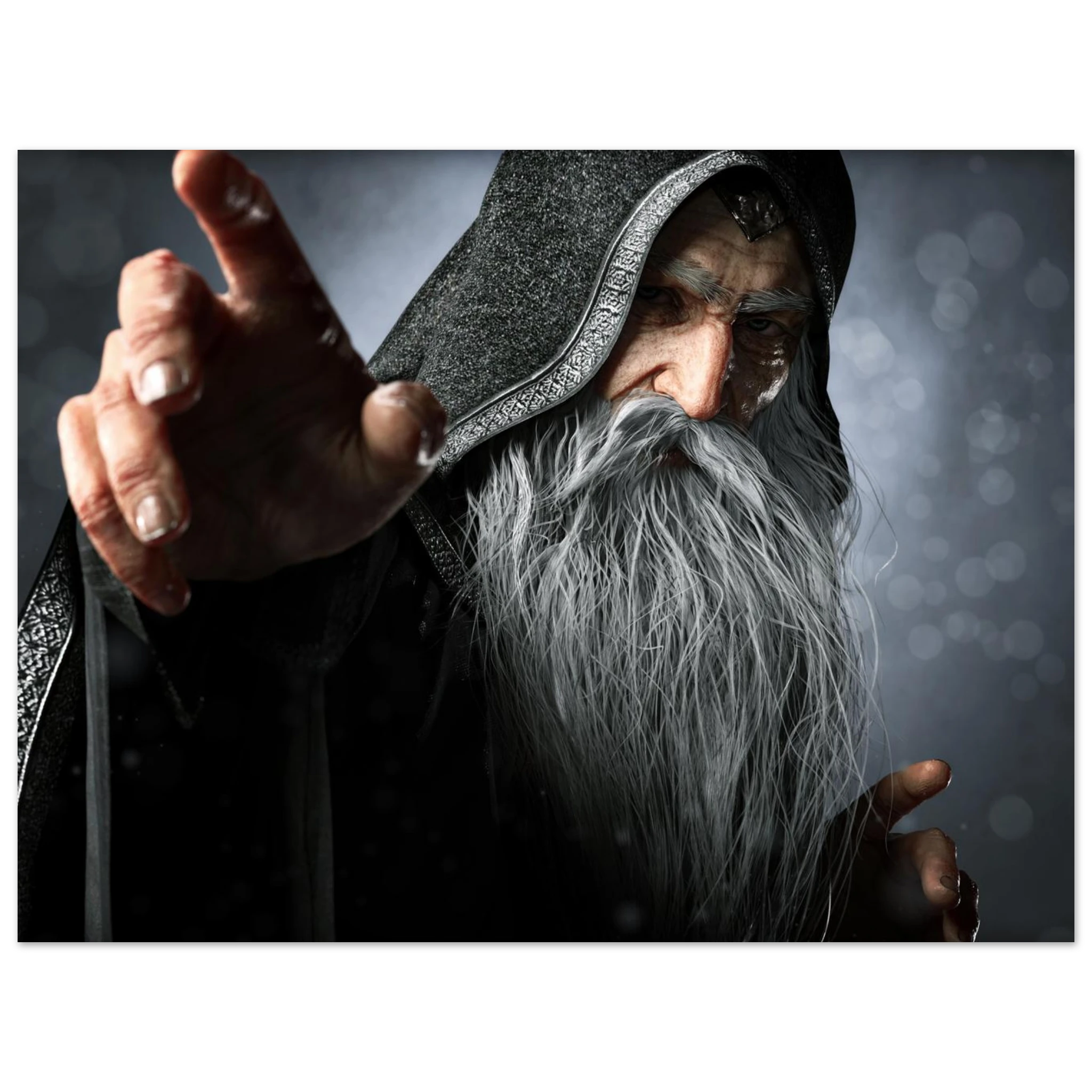 A rectangular wall art print or poster showing a close-up portrait of a hooded wizard with a long white beard, dark robe, and one hand extended forward, set against a dark smoky gray background.