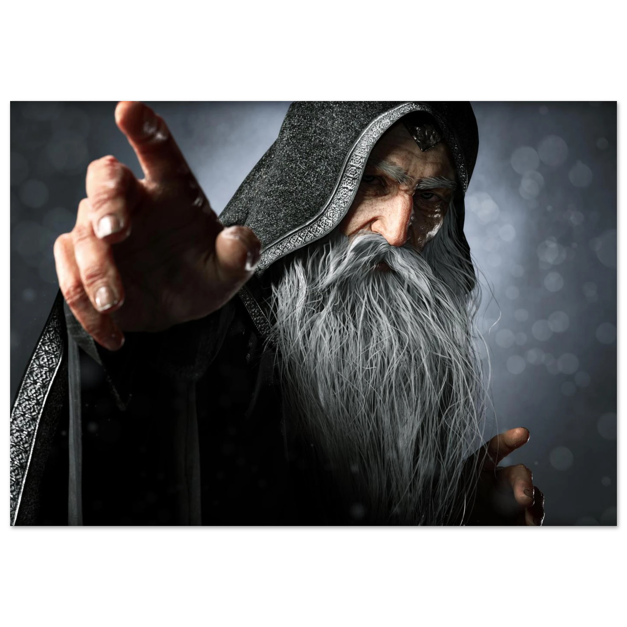 A rectangular wall art print or poster showing a close-up portrait of an elderly wizard or sorcerer with a long white beard, dark hooded robe, and one hand extended forward, set against a dark smoky background.