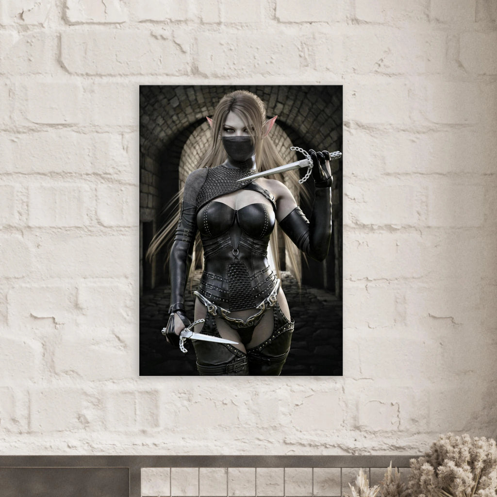 Handcrafted Elf Assassin wall art featuring a masked female elven rogue wielding twin daggers inside an ancient stone fortress. Fantasy artwork perfect for gaming rooms, RPG fans, and medieval fantasy décor.