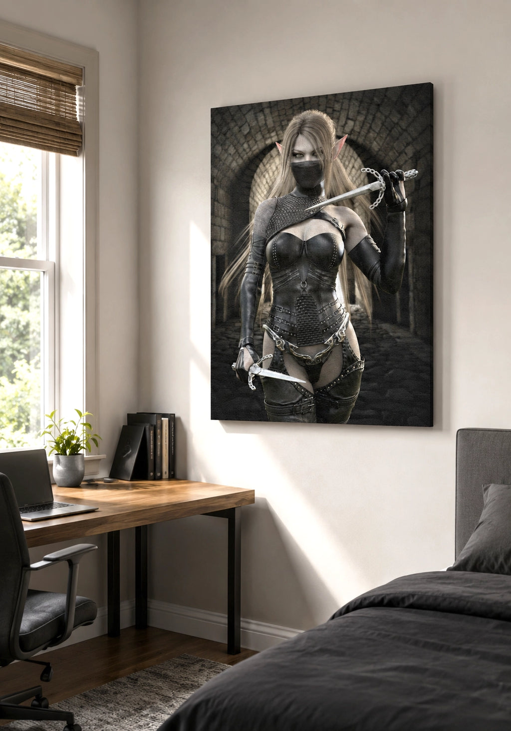 Handcrafted Elf Assassin wall art featuring a masked female elven rogue wielding twin daggers inside an ancient stone fortress. Fantasy artwork perfect for gaming rooms, RPG fans, and medieval fantasy décor.