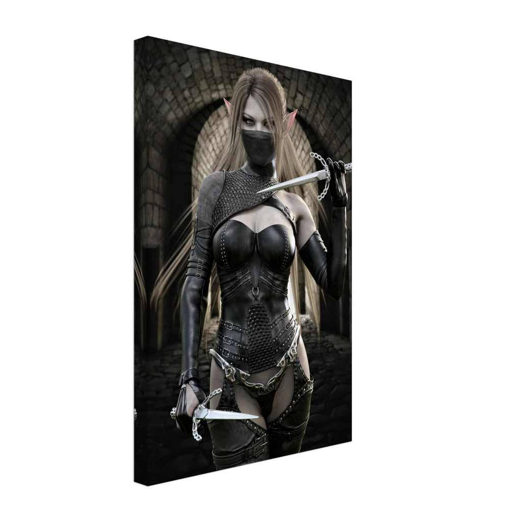 Handcrafted Elf Assassin wall art featuring a masked female elven rogue wielding twin daggers inside an ancient stone fortress. Fantasy artwork perfect for gaming rooms, RPG fans, and medieval fantasy décor.