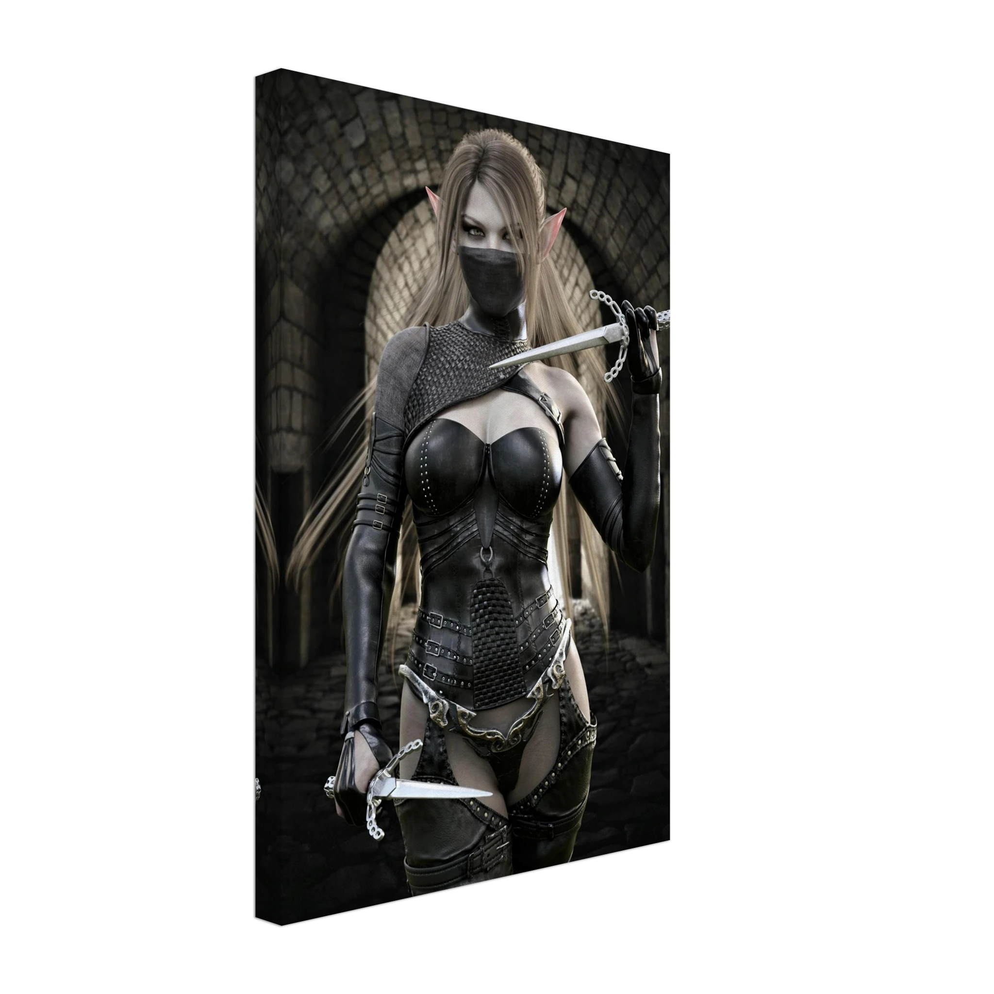 Handcrafted Elf Assassin wall art featuring a masked female elven rogue wielding twin daggers inside an ancient stone fortress. Fantasy artwork perfect for gaming rooms, RPG fans, and medieval fantasy décor.