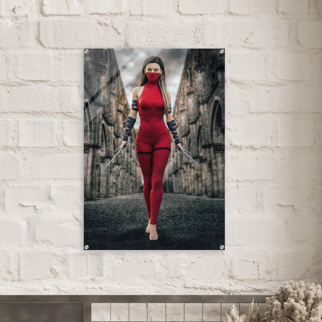 Handcrafted fantasy artwork featuring a female assassin wearing a crimson stealth outfit and face covering while wielding twin daggers beneath towering medieval stone arches. A cinematic fantasy portrait perfect for RPG fans, fantasy collectors, gaming rooms, and medieval wall décor.