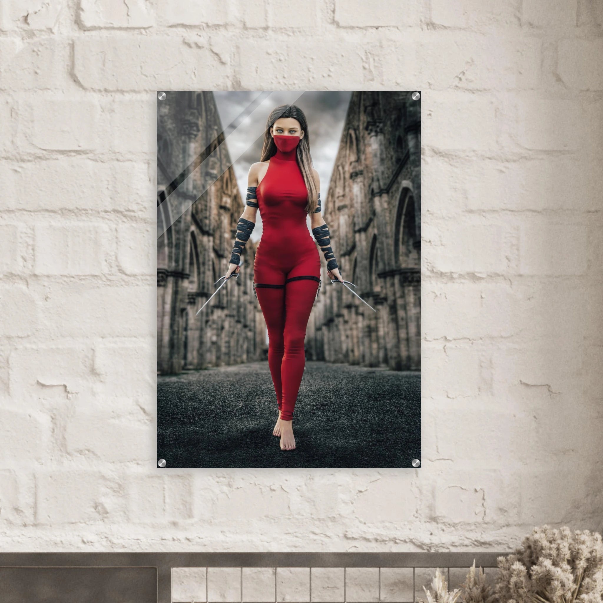 Handcrafted fantasy artwork featuring a female assassin wearing a crimson stealth outfit and face covering while wielding twin daggers beneath towering medieval stone arches. A cinematic fantasy portrait perfect for RPG fans, fantasy collectors, gaming rooms, and medieval wall décor.