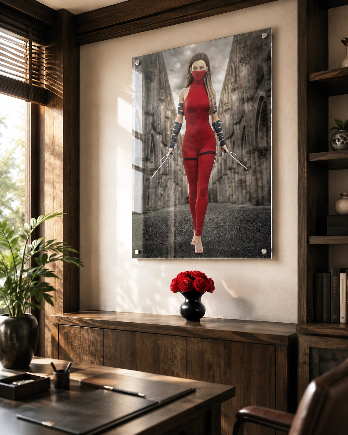 Handcrafted fantasy artwork featuring a female assassin wearing a crimson stealth outfit and face covering while wielding twin daggers beneath towering medieval stone arches. A cinematic fantasy portrait perfect for RPG fans, fantasy collectors, gaming rooms, and medieval wall décor.