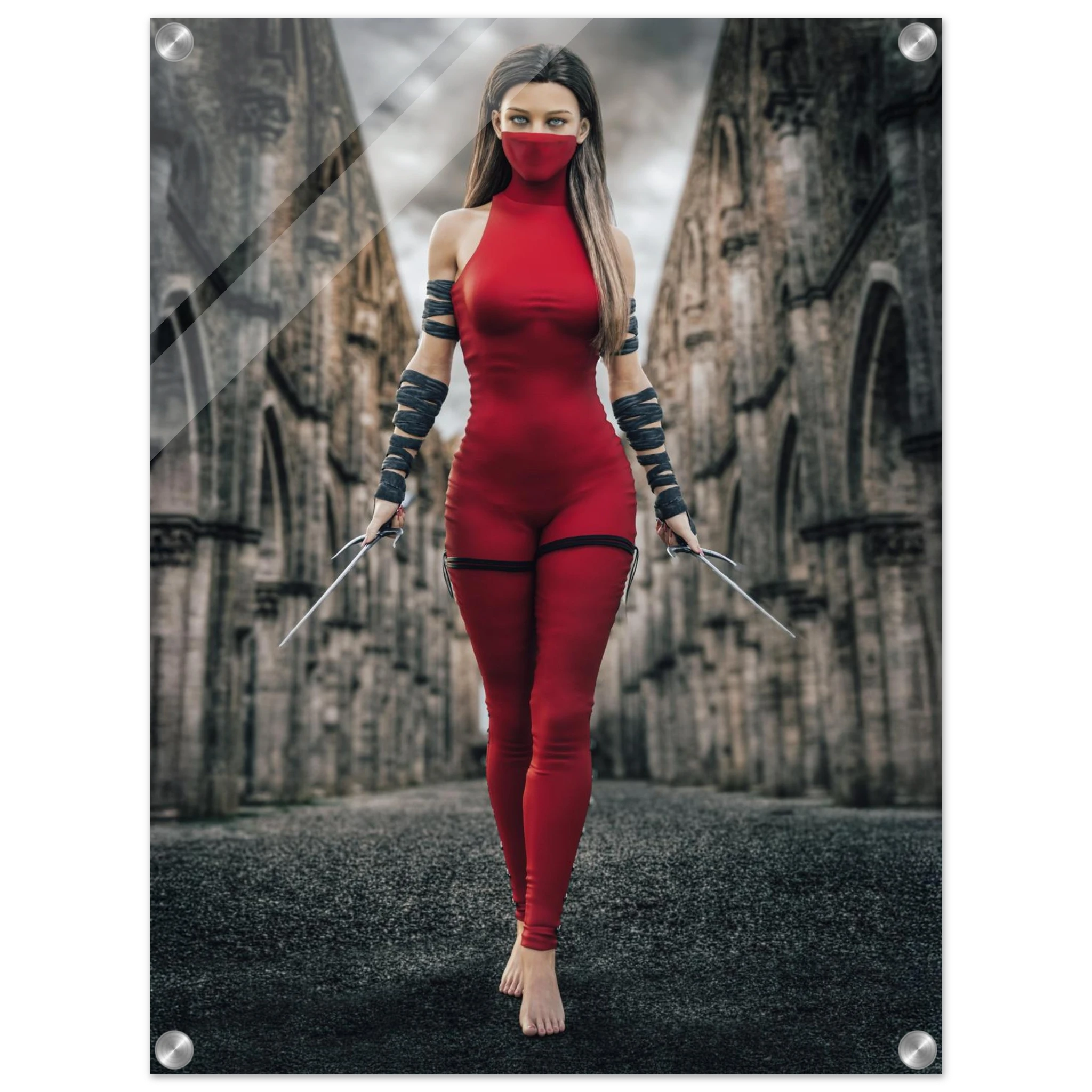 Handcrafted fantasy artwork featuring a female assassin wearing a crimson stealth outfit and face covering while wielding twin daggers beneath towering medieval stone arches. A cinematic fantasy portrait perfect for RPG fans, fantasy collectors, gaming rooms, and medieval wall décor.