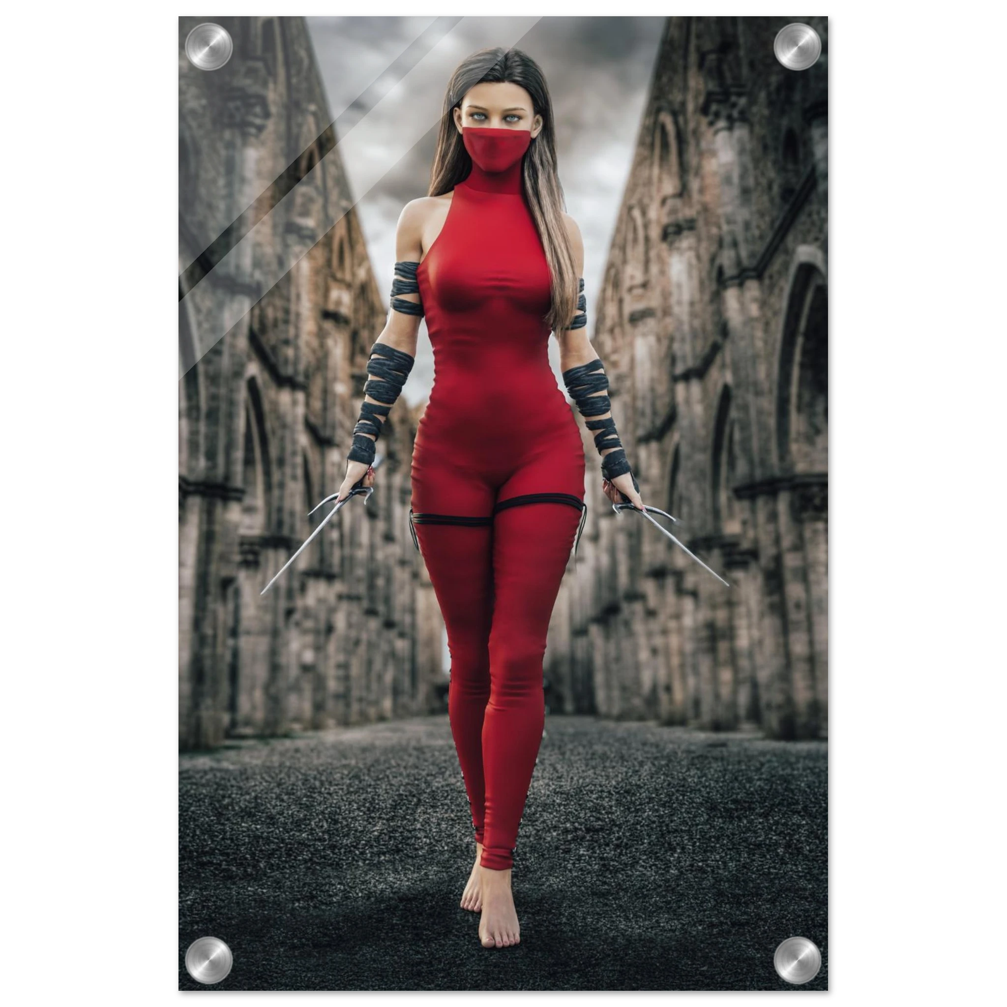 Handcrafted fantasy artwork featuring a female assassin wearing a crimson stealth outfit and face covering while wielding twin daggers beneath towering medieval stone arches. A cinematic fantasy portrait perfect for RPG fans, fantasy collectors, gaming rooms, and medieval wall décor.