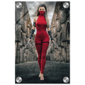 Handcrafted fantasy artwork featuring a female assassin wearing a crimson stealth outfit and face covering while wielding twin daggers beneath towering medieval stone arches. A cinematic fantasy portrait perfect for RPG fans, fantasy collectors, gaming rooms, and medieval wall décor.