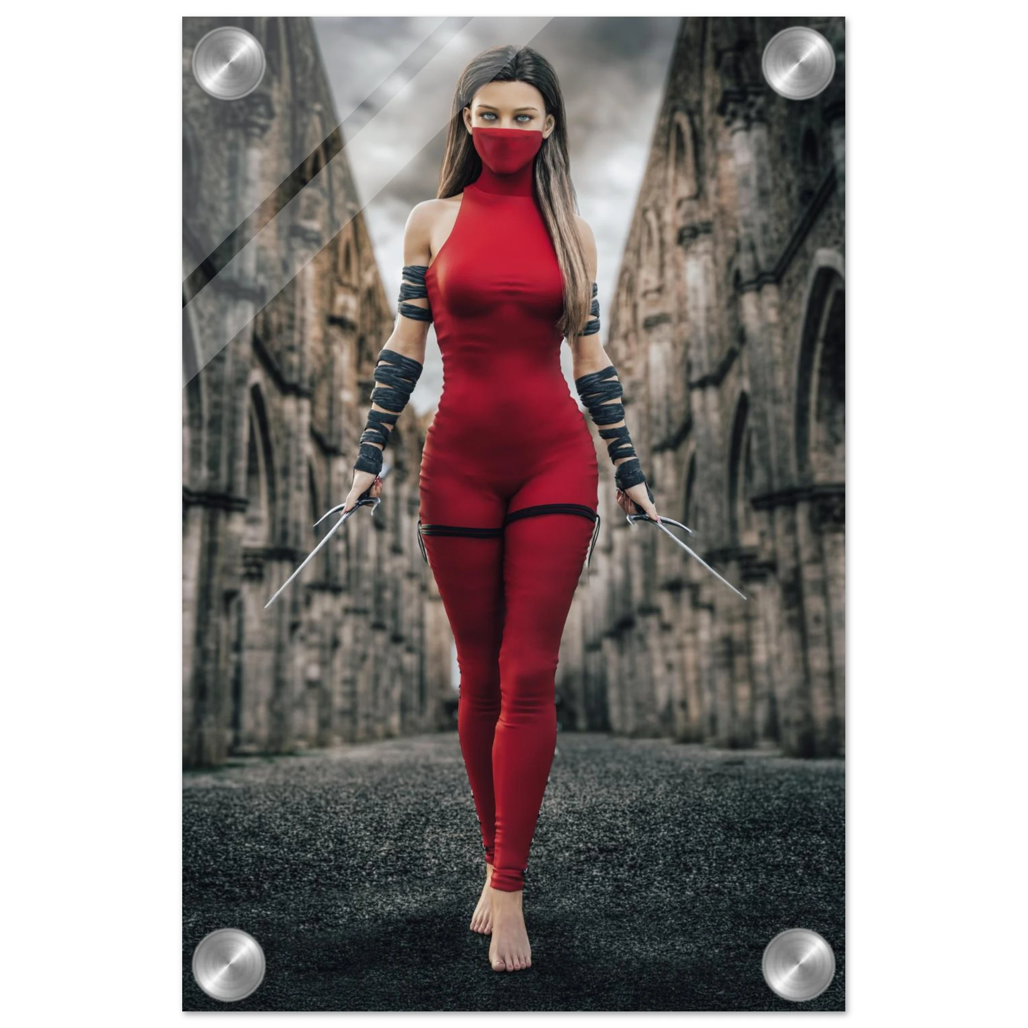 Handcrafted fantasy artwork featuring a female assassin wearing a crimson stealth outfit and face covering while wielding twin daggers beneath towering medieval stone arches. A cinematic fantasy portrait perfect for RPG fans, fantasy collectors, gaming rooms, and medieval wall décor.
