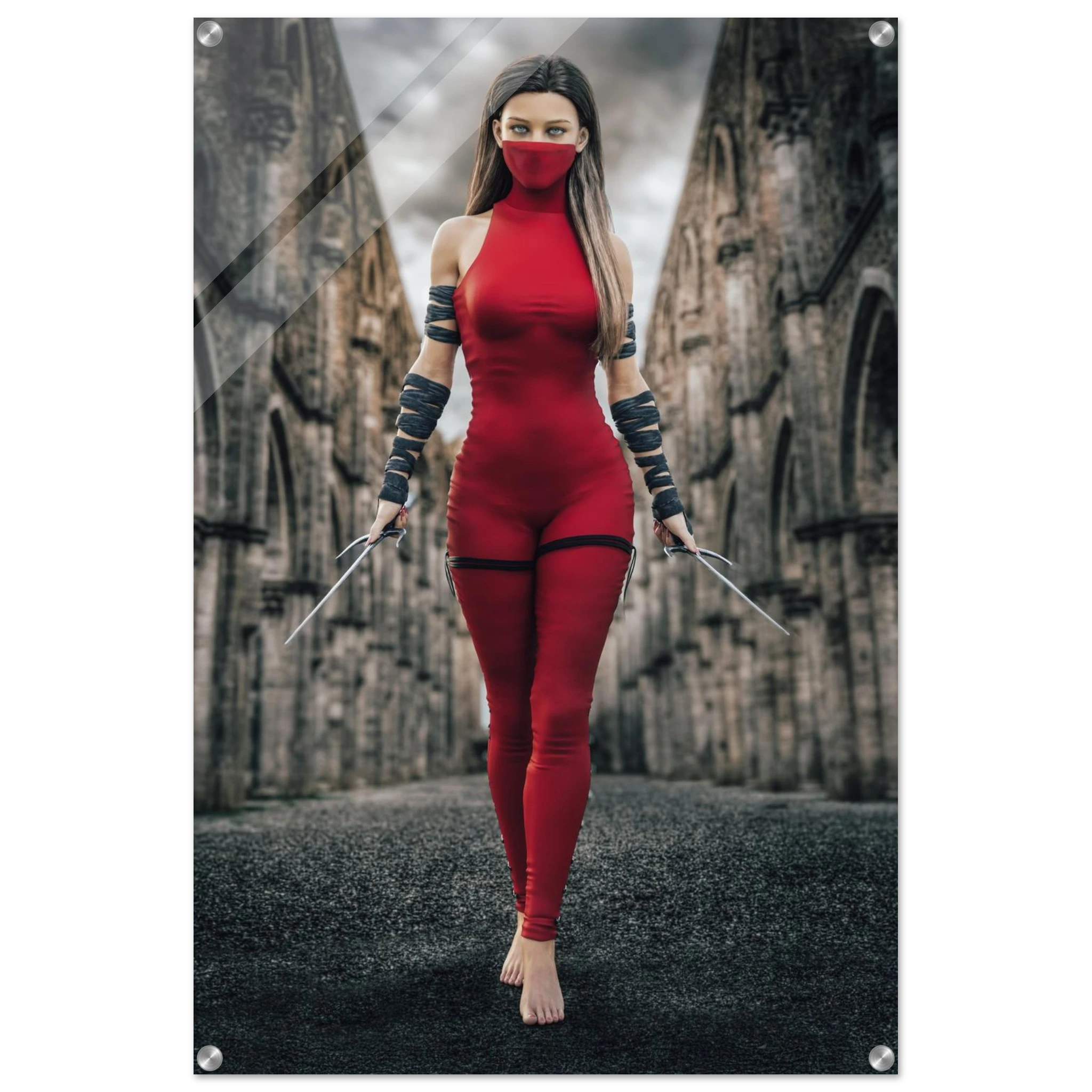 Handcrafted fantasy artwork featuring a female assassin wearing a crimson stealth outfit and face covering while wielding twin daggers beneath towering medieval stone arches. A cinematic fantasy portrait perfect for RPG fans, fantasy collectors, gaming rooms, and medieval wall décor.
