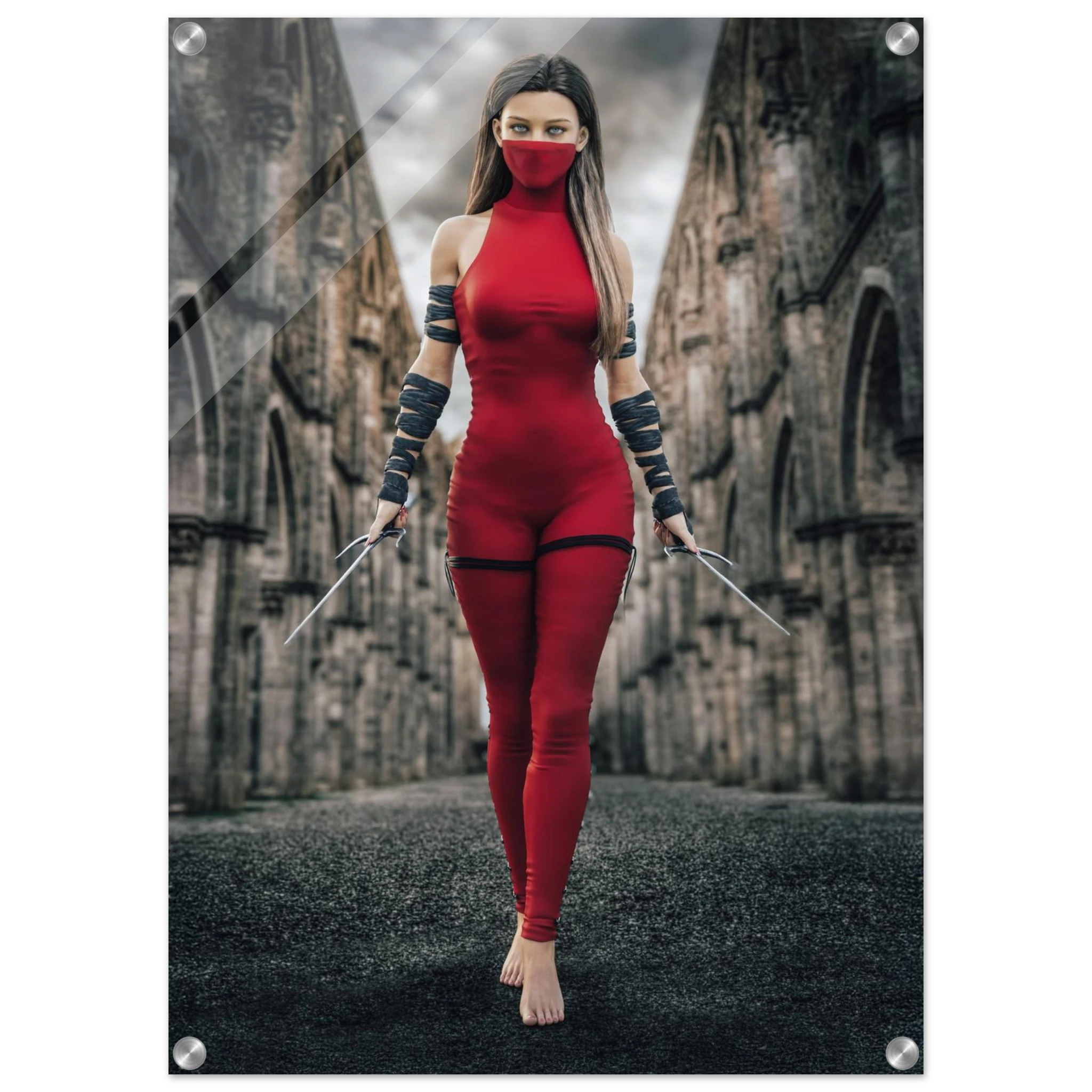 Handcrafted fantasy artwork featuring a female assassin wearing a crimson stealth outfit and face covering while wielding twin daggers beneath towering medieval stone arches. A cinematic fantasy portrait perfect for RPG fans, fantasy collectors, gaming rooms, and medieval wall décor.