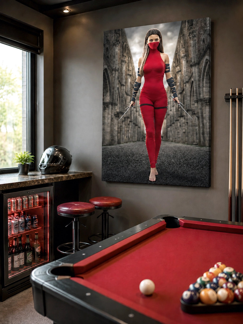 Handcrafted fantasy artwork featuring a female assassin wearing a crimson stealth outfit and face covering while wielding twin daggers beneath towering medieval stone arches. A cinematic fantasy portrait perfect for RPG fans, fantasy collectors, gaming rooms, and medieval wall décor.