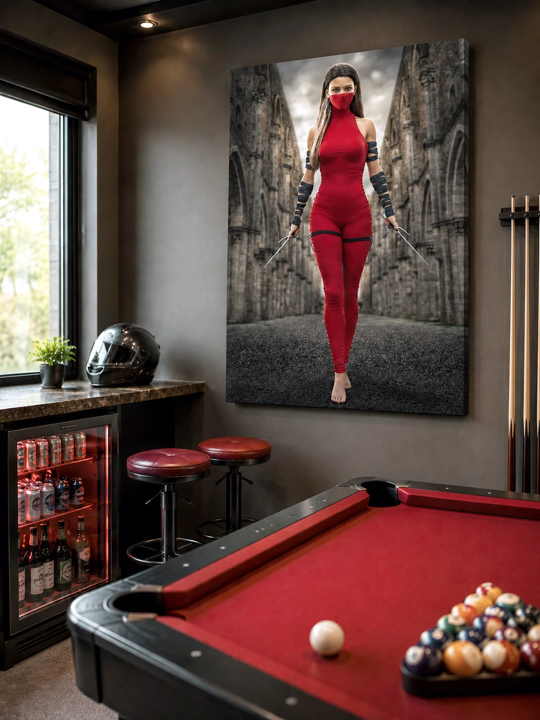 Handcrafted fantasy artwork featuring a female assassin wearing a crimson stealth outfit and face covering while wielding twin daggers beneath towering medieval stone arches. A cinematic fantasy portrait perfect for RPG fans, fantasy collectors, gaming rooms, and medieval wall décor.