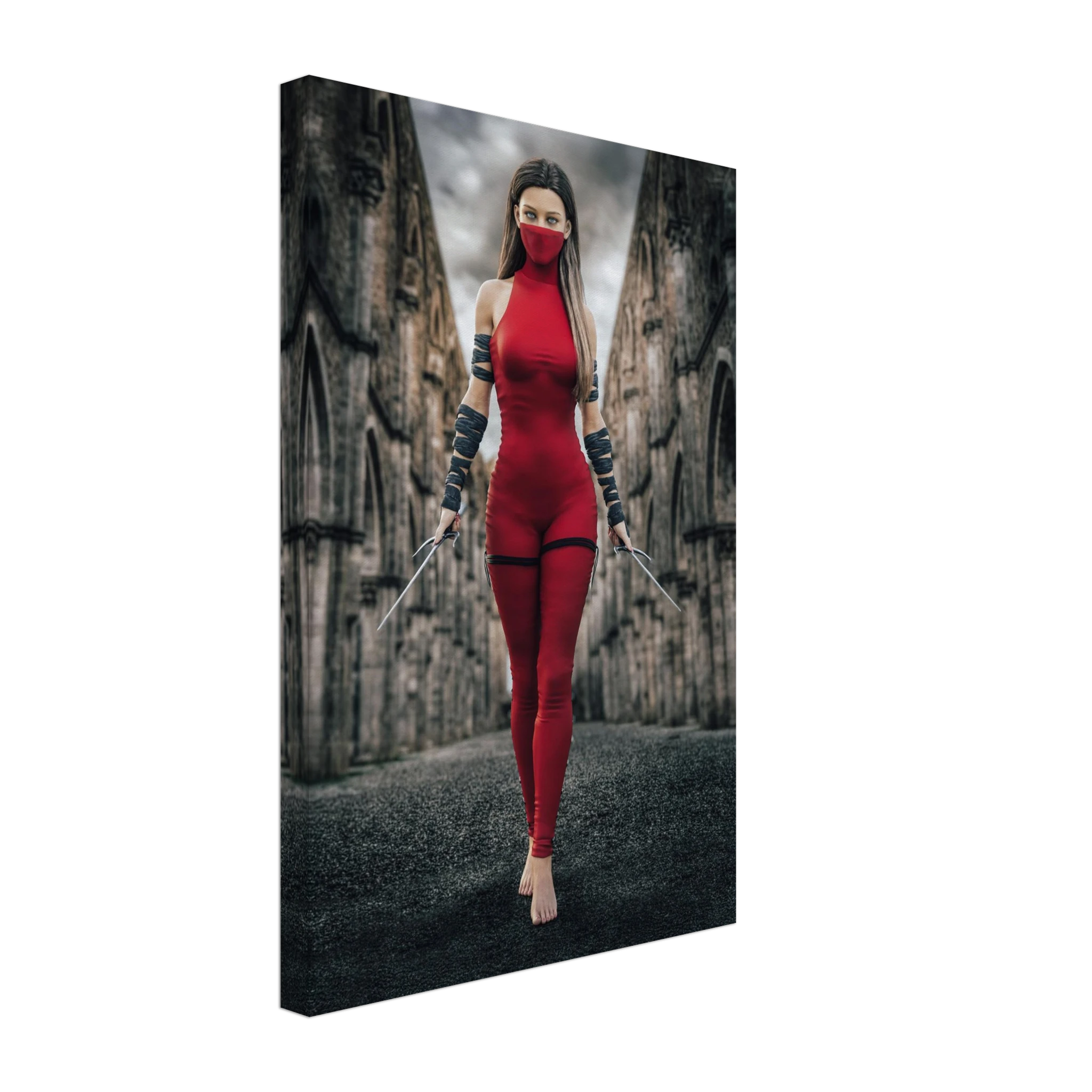 Handcrafted fantasy artwork featuring a female assassin wearing a crimson stealth outfit and face covering while wielding twin daggers beneath towering medieval stone arches. A cinematic fantasy portrait perfect for RPG fans, fantasy collectors, gaming rooms, and medieval wall décor.