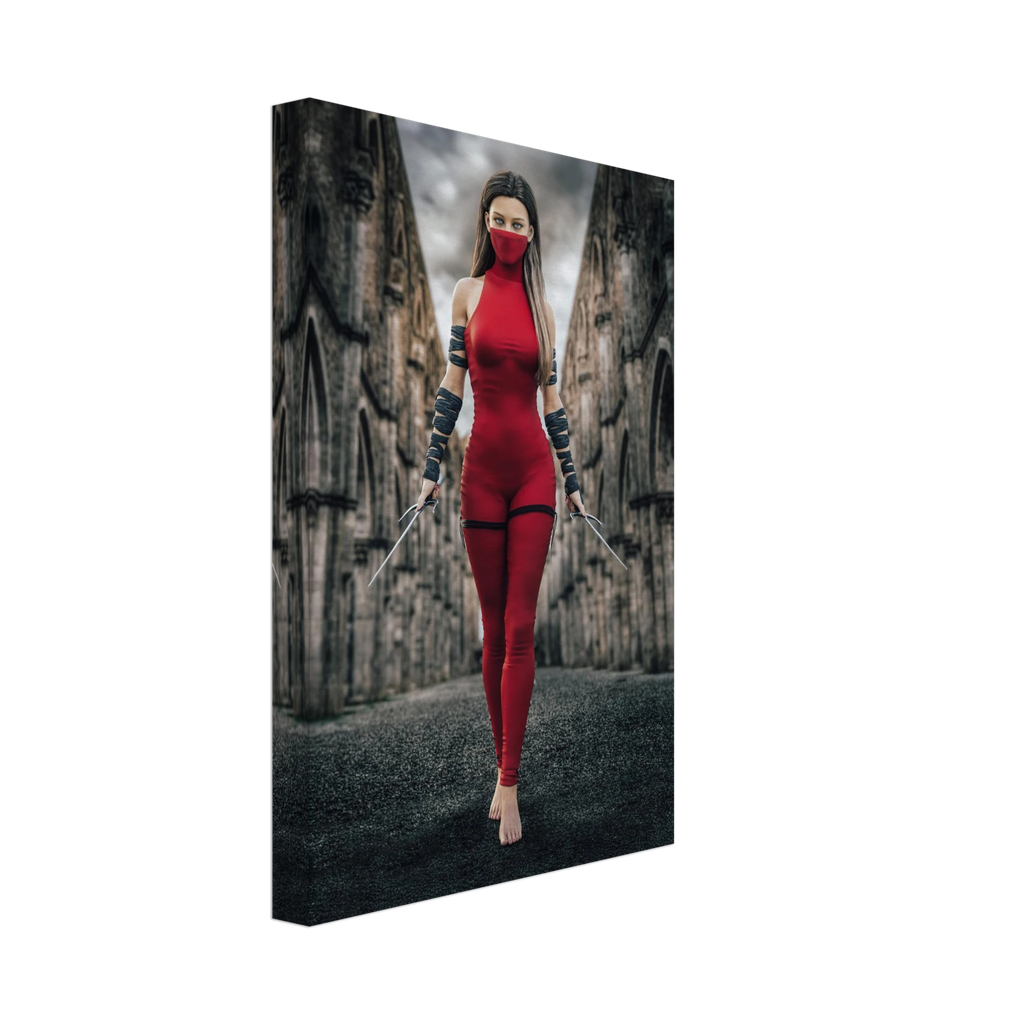 Handcrafted fantasy artwork featuring a female assassin wearing a crimson stealth outfit and face covering while wielding twin daggers beneath towering medieval stone arches. A cinematic fantasy portrait perfect for RPG fans, fantasy collectors, gaming rooms, and medieval wall décor.