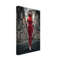 Handcrafted fantasy artwork featuring a female assassin wearing a crimson stealth outfit and face covering while wielding twin daggers beneath towering medieval stone arches. A cinematic fantasy portrait perfect for RPG fans, fantasy collectors, gaming rooms, and medieval wall décor.